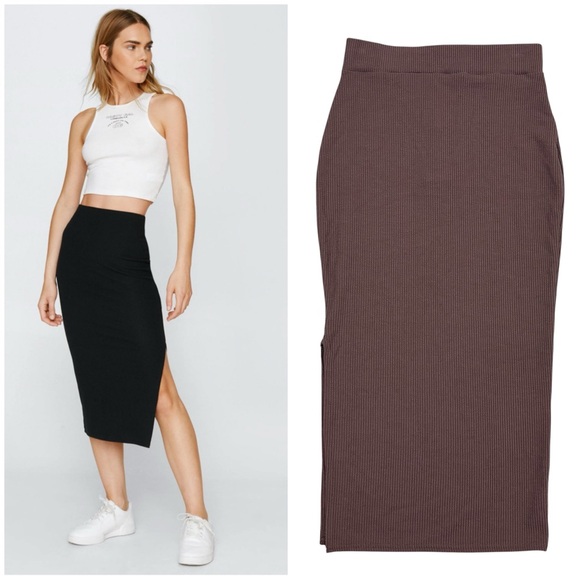Nasty Gal Dresses & Skirts - Nasty Gal Women’s Brown Ribbed Side Split Midi Skirt